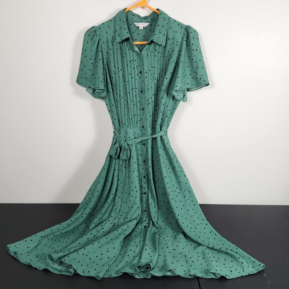 nanette Nanette Lepore Dresses & Skirts - Nanette Lepore Green Polka Dot Pleated Button Front Midi Dress Womens Size 2